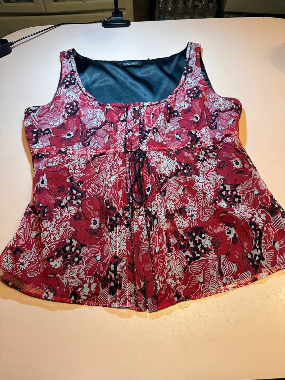 Tahari Red Floral Sleeveless Tie-Front Camisole